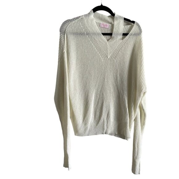 Pink Lily Sweaters - Pink Lily Women XL Cream Loose Knit Relaxed Cutout V-Neck Pullover Sweater
